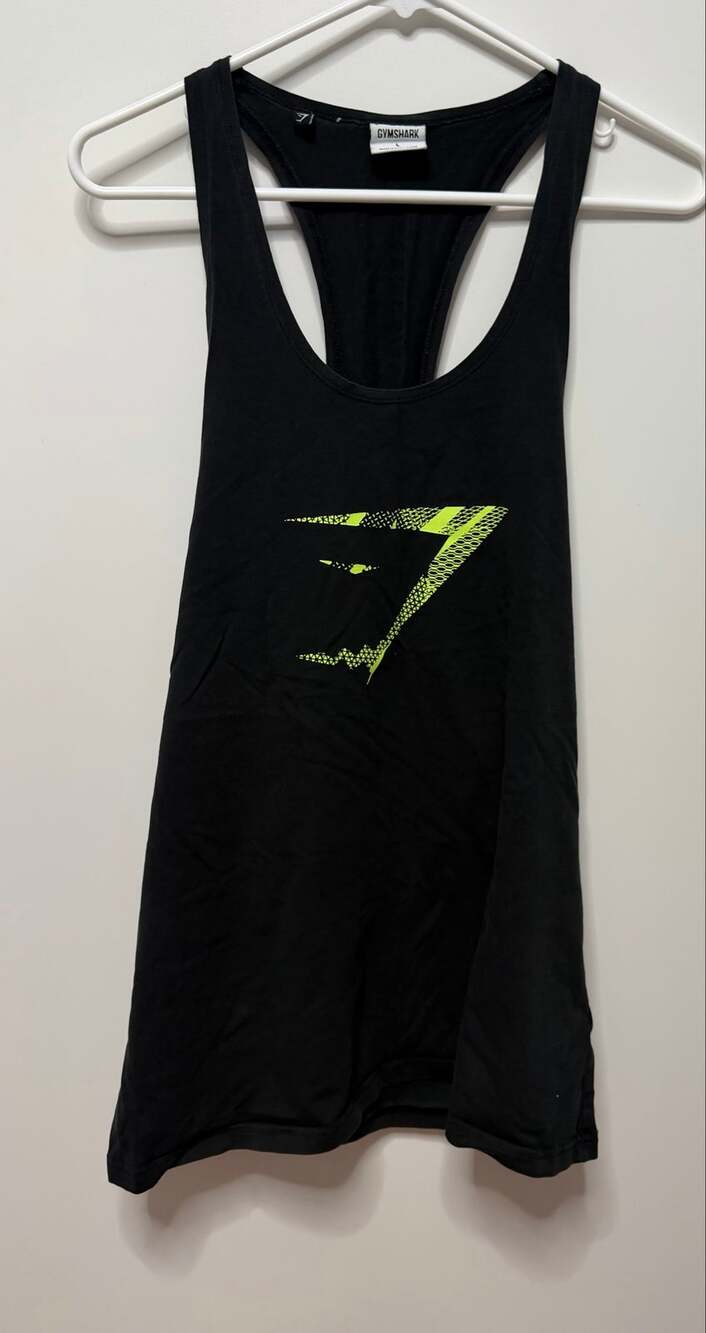 Gymshark Mens large black muscle tank with neon green shark logo